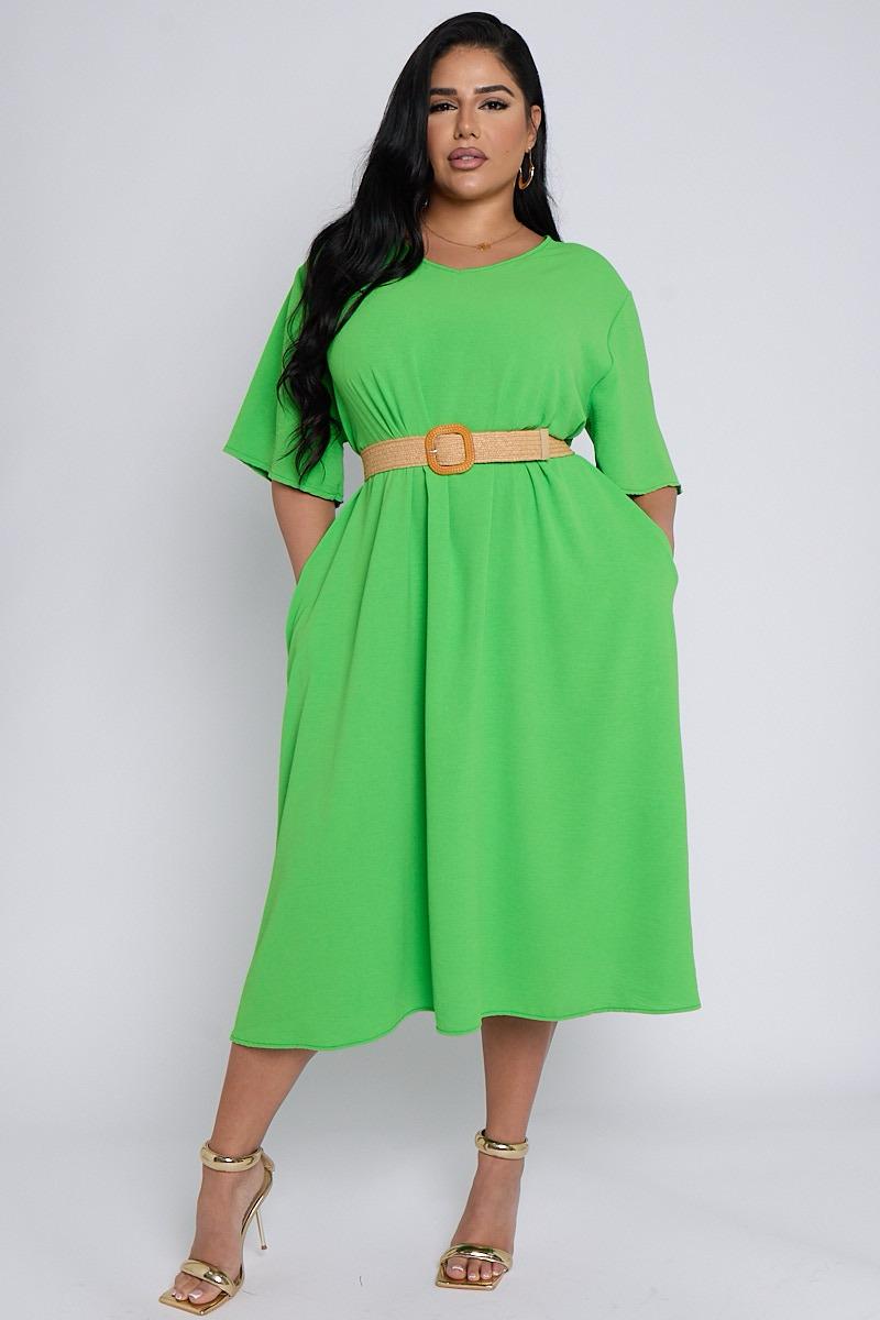 Curve fit belted pocket dress